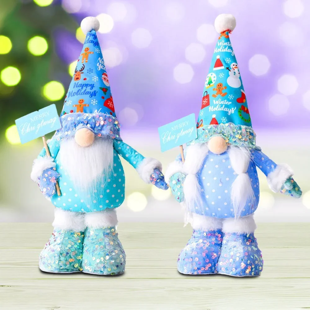 Frosty Elegent Winter Luxe Gnome Large Set, Festive Plush Holiday Blue Joyful H